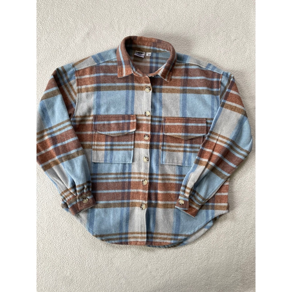 Ford Womens Small Flannel Shacket Blue Plaid Bronco Graphic Wool Blend Shirt